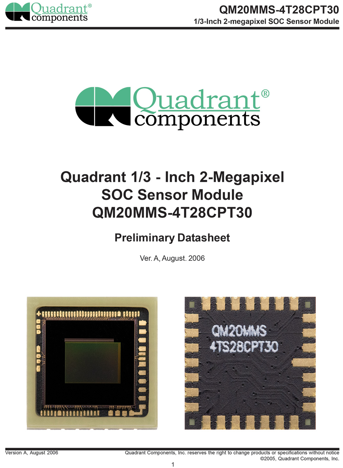 MT9D111,MI2010，QM20MMS-4T28CPT30，美光200万像素SoC, 美国扩展QUADRANT COMPONENTS, PLCC28封装工艺工业相机图像传感器,2MP CMOS SENSOR,1600x1200 cmos sensor,1/3-Inch 2-megapixel SOC, 片上系统 Sensor Module