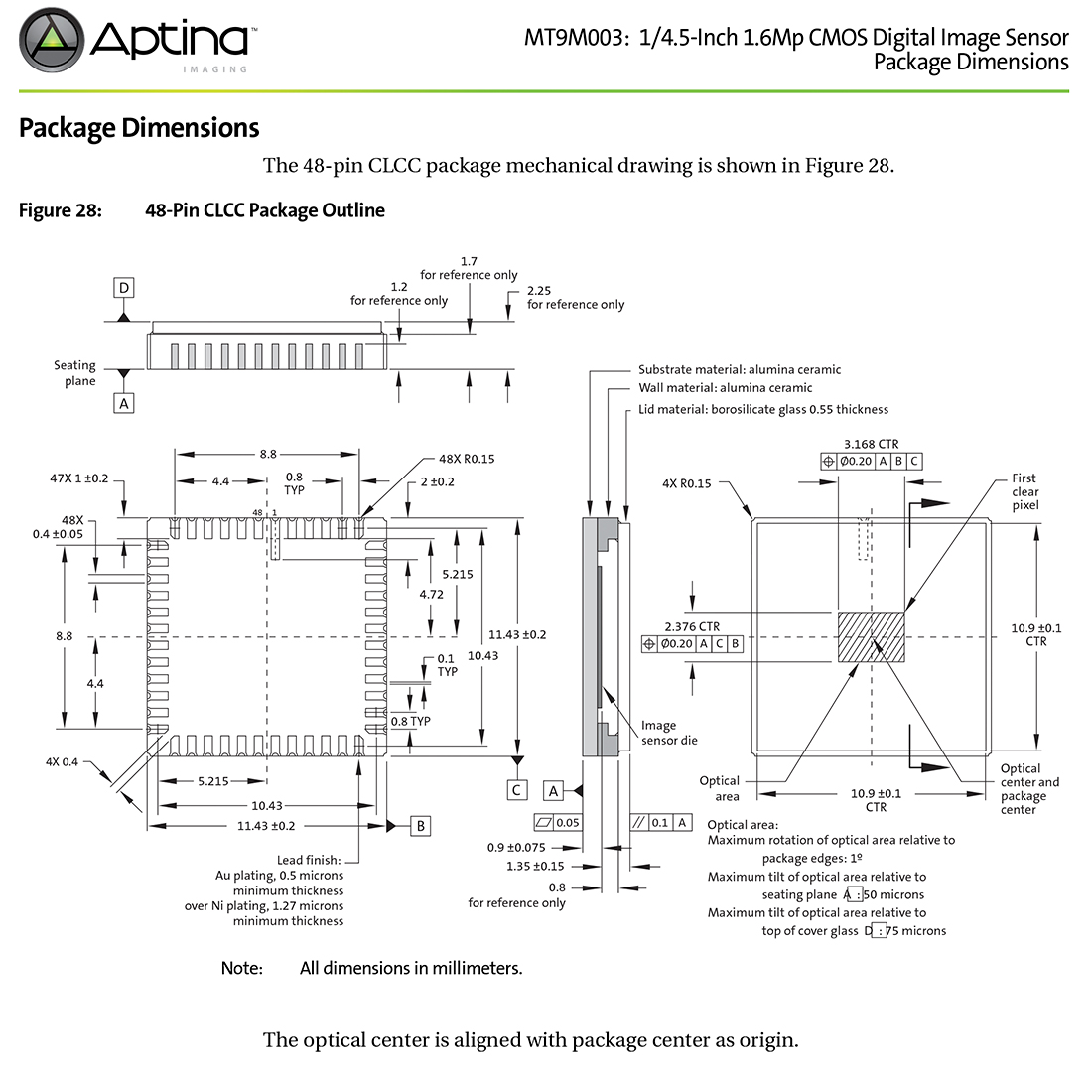 Aptina MT9M003，图像传感器 Data Sheet下载， 1/4.5-Inch 1.6Mp， CRA9.4°， 1440H x 1080V， CMOS Digital Image Sensor，720p sensor ,1080p cmos sensor