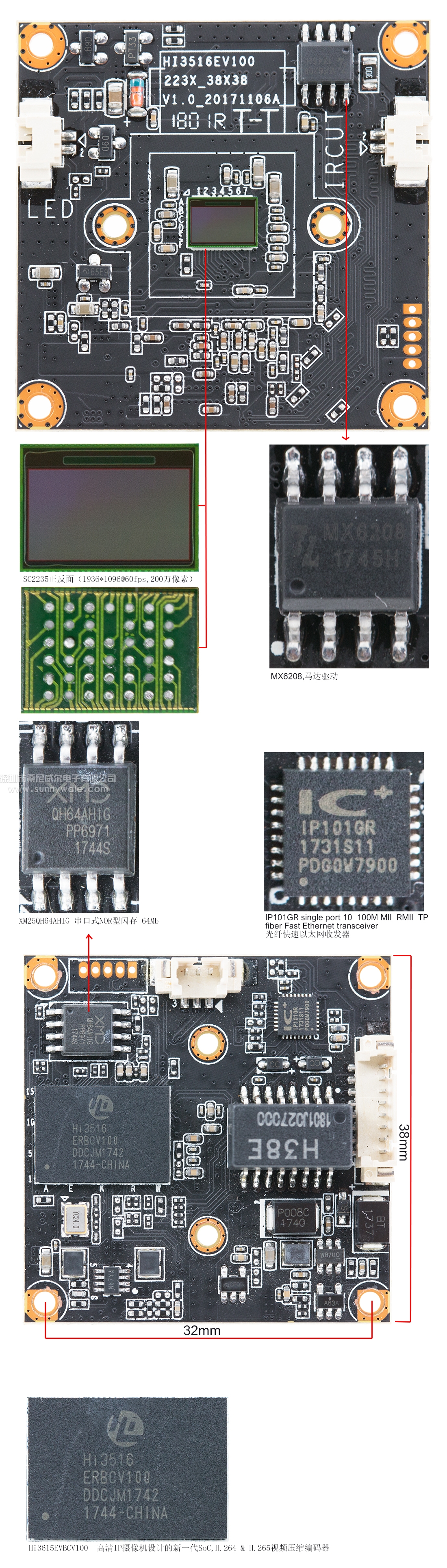 HI3516ERBCV100 SoC,SC2235H,MX6208,XM25QH64AHIG,IP101G，Hisilicon SoC, HI3516EV100+SC2235 security camera module,32X32mm，2MP camera mianbroad，SMARTsens CMOS sensor，SC2235 ，2MP camera module,H.265 compression chip, H.264 encoder IC