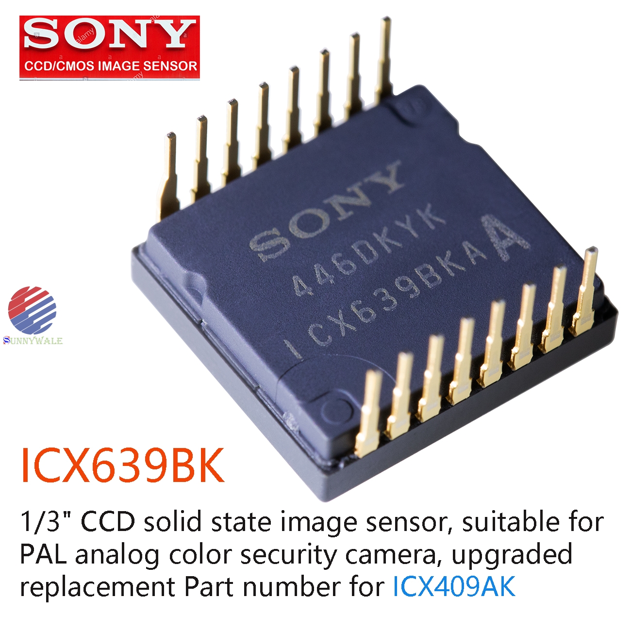 ICX639BKA, SONY original 1/3, security analog camera CCD image sensor, ICX409AK upgrade part number, replace product, PAL style video signal sensor