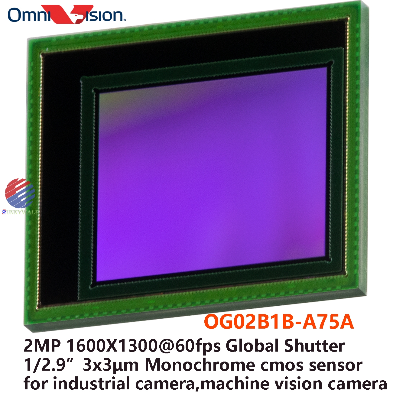 OG02B1B, OmniVision  2MP 1/2.9 inch, CRA15 degree, 1600x1300@60 frame, 3x3μm pixel, monochrome black and white, global shutter exposure, machine vision, industrial camera image sensor