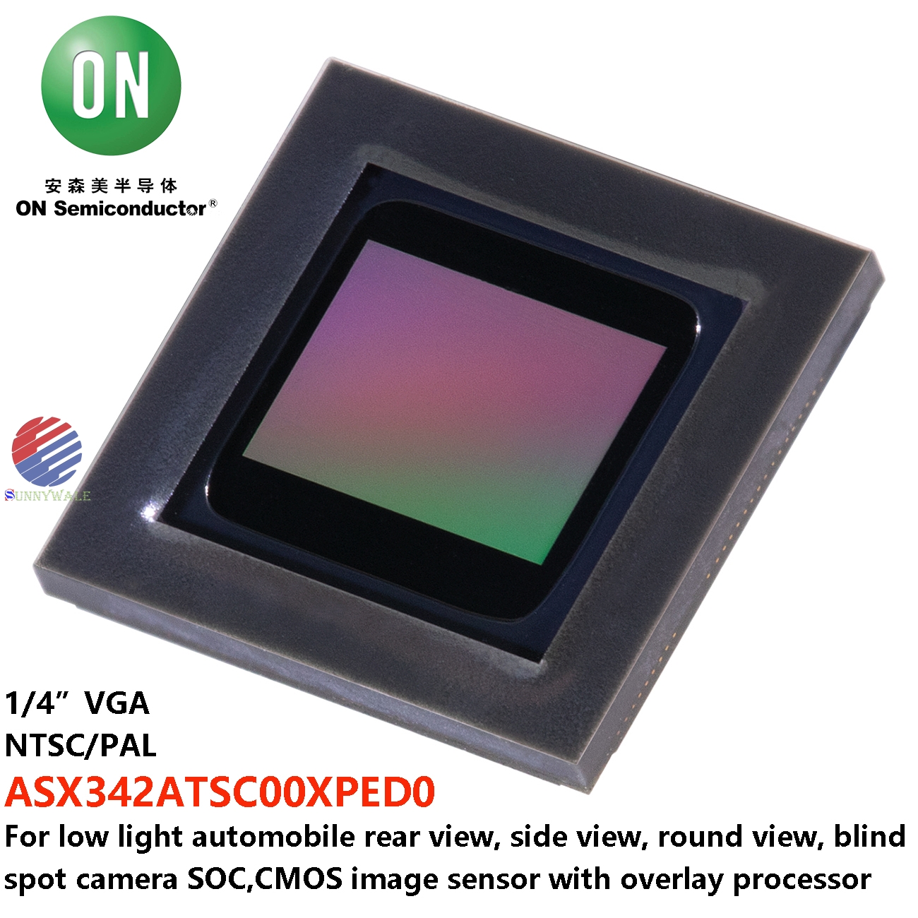 ASX342ATSC00XPED0, ONSEMI 1/4 inch VGA color CMOS, NTSC/PAL, CMOS with good low light effect, rear view and side view blind spot 360-degree panoramic camera chip, automotive image sensor, SOC and overlay processor, ASX340 upgraded productor, MT9V139 replacement